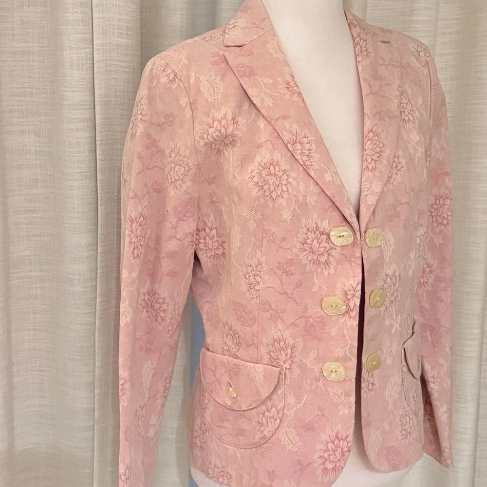 Ann Taylor Petites‎ 8P Pink Floral Jacquard Brocade Linen blend Blazer Easter